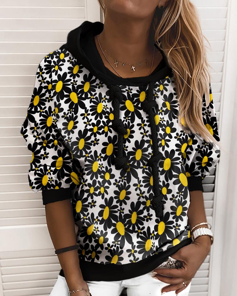 

Flower Print Hooded Long Sleeve Sweatshirt, Black