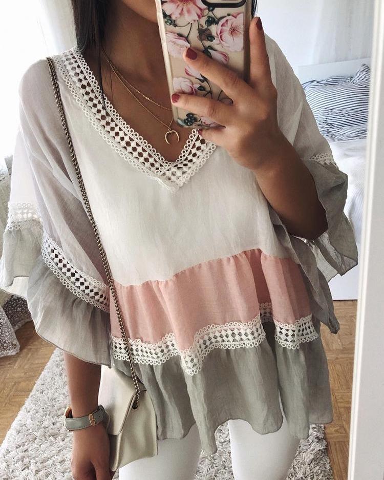 

Contrast Color Hollow Out Splicing Casual Blouse, Multicolor