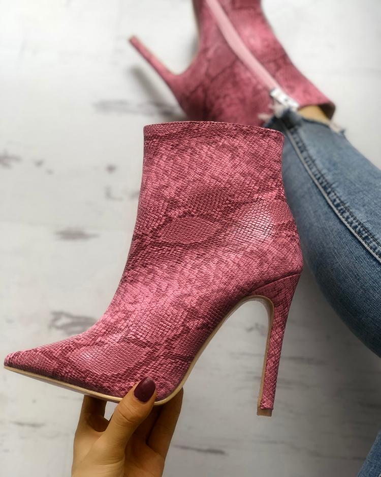 

Snakeskin Point Toe Thin Heeled Ankle Boots, Pink