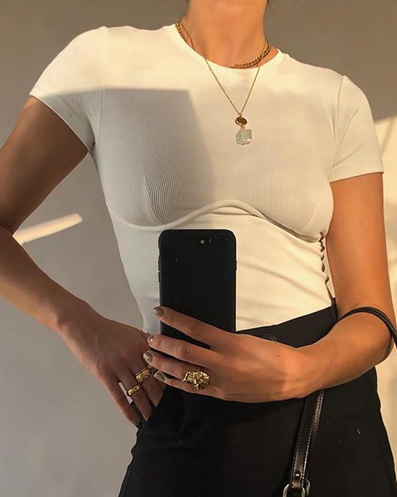 

Solid Round Neck Short Sleeve Blouse, White