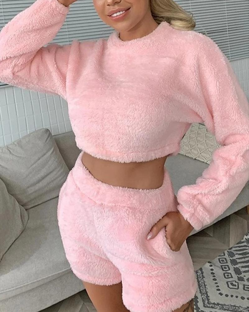 

Solid Color Long Sleeve Sweater Suit Sets, Pink