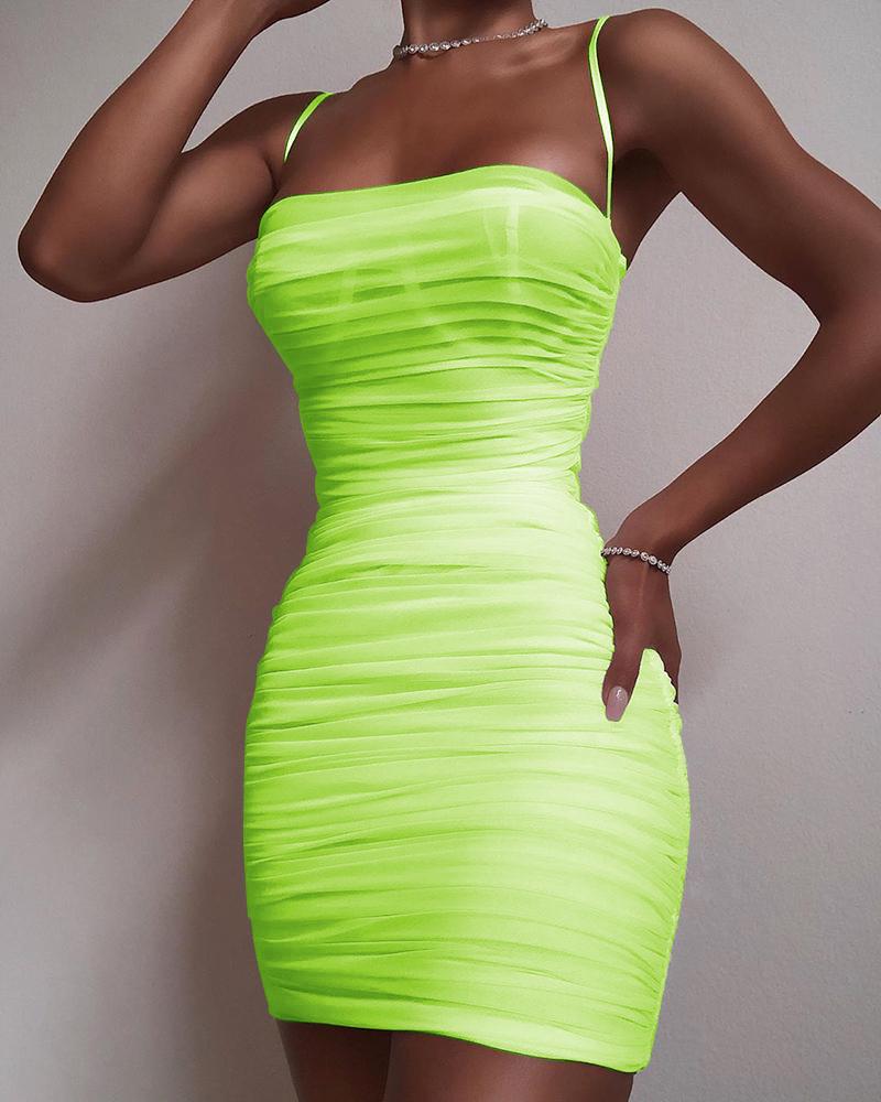 

Spaghetti Strap Mesh Ruched Bodycon Dress