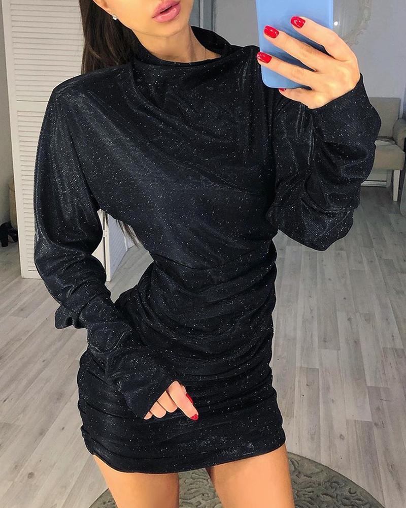 

Glitter Ruched Design Long Sleeve Dress, Black