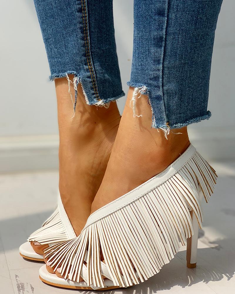 

Solid Tassels Design Thin Heeled Sandals, White