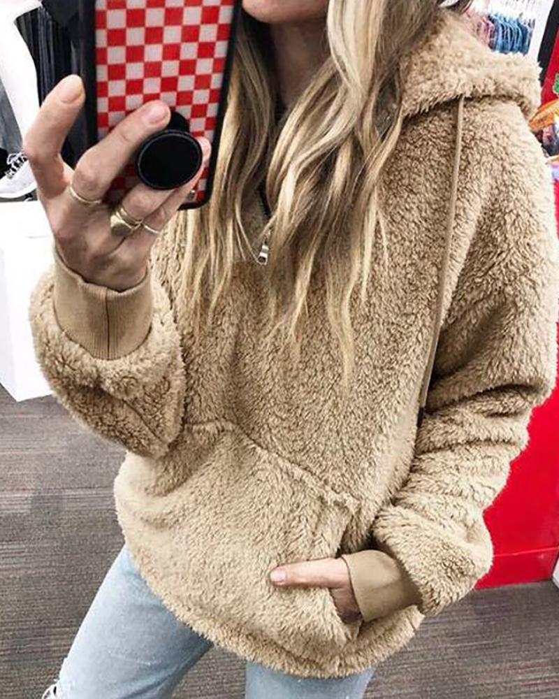 

Hooded Zipper Design Casual Fluffy Sweatshirt, Khaki