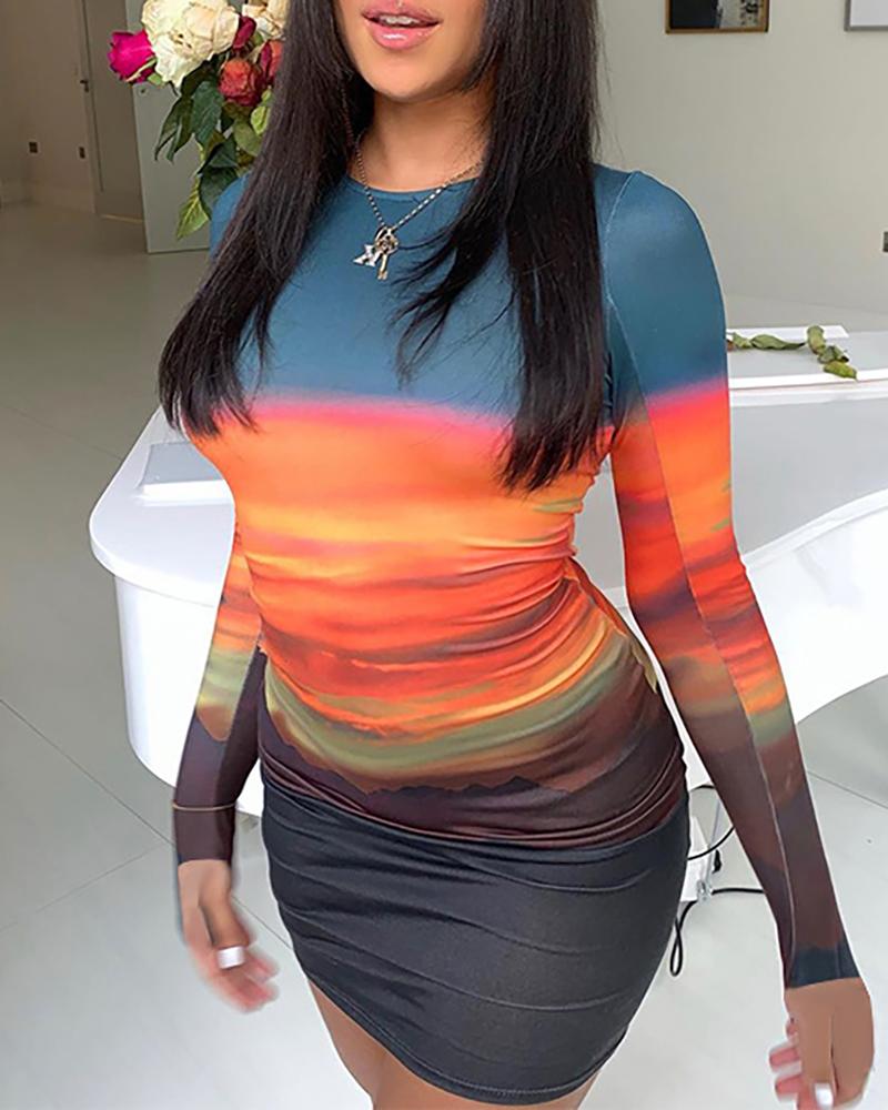 

Graphic Print Colorblock Ruched Bodycon Dress, Multicolor