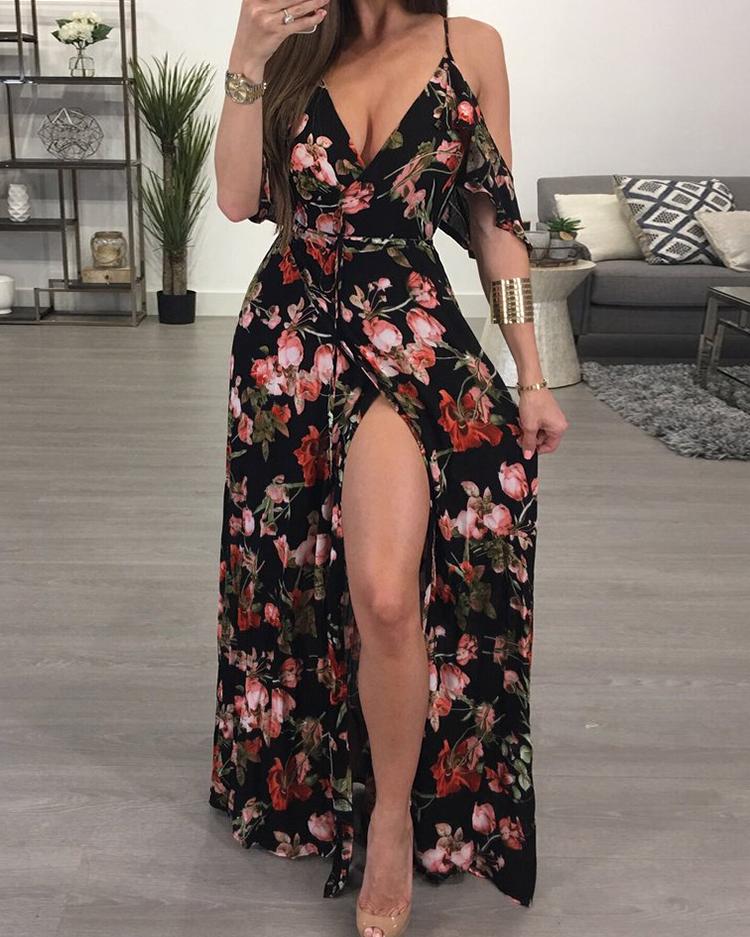 

Ruffled Floral Print High Slit Cold Shoulder Maxi Slip Dress, Black