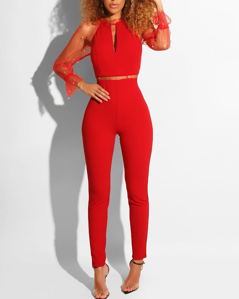 

Beaded Sheer Mesh Insert Slim Fit Jumpsuit, Red