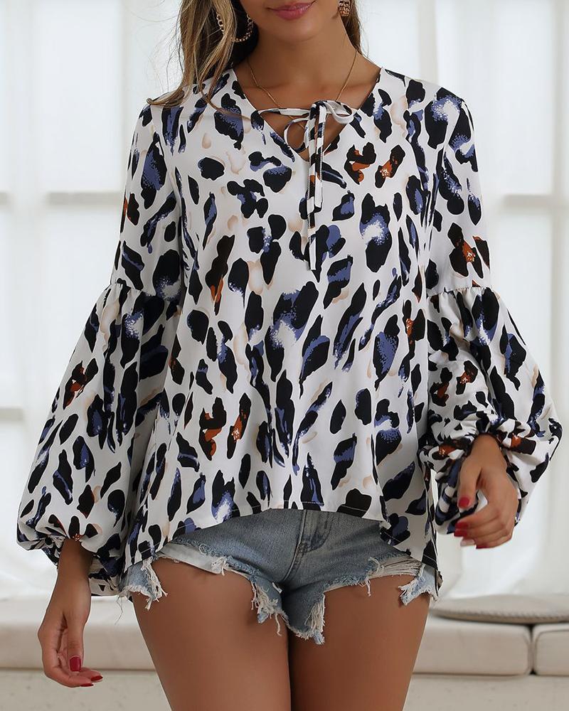 

Leopard Lantern Sleeve Tied Neck Blouse, White