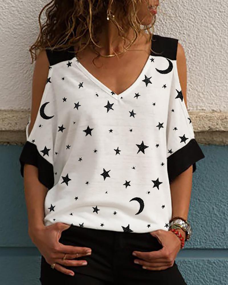 

Contrast Binding Star Print Cold Shoulder T-Shirt, White