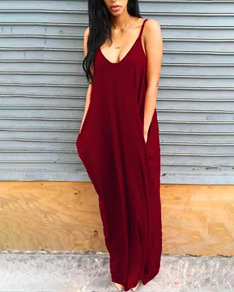 

Spaghetti Strap Baggy Casual Maxi Dress, Wine red