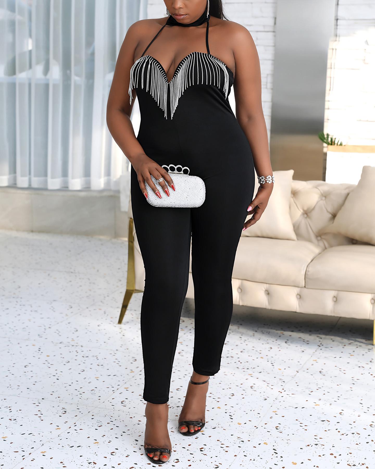 

Plus Size Choker Sleeveless Tassel Design Jumpsuit, Black