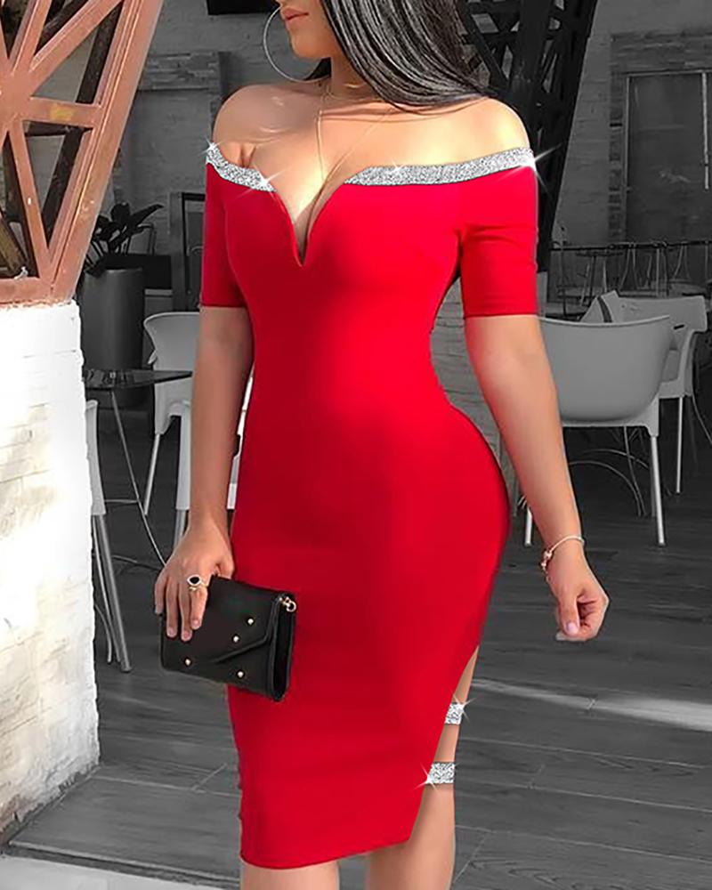 

Off Shoulder Sequins Insert Slit Bodycon Dress, Red