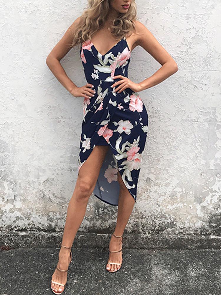 

Stylish Wrapped V Neck Floral Slip Dress, Dark blue