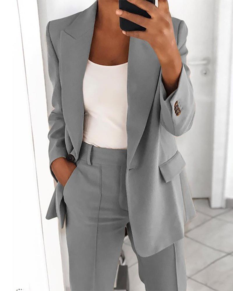 

Plain Pocket Design Blazer Coat & Pants Set, Gray