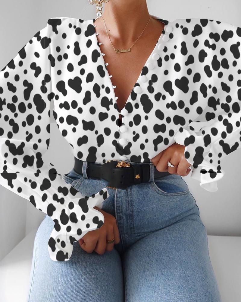 

Print V-neck Button Design Blouse, White