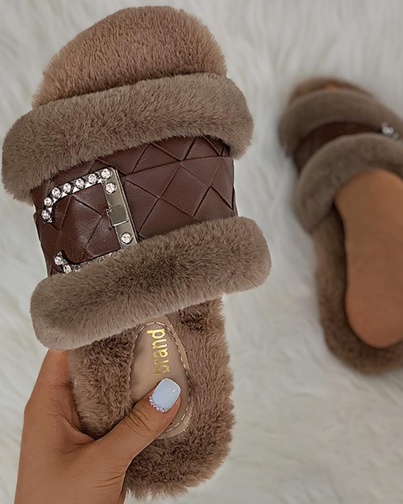 

Studded Quilted Fluffy Slippers, Coffee
