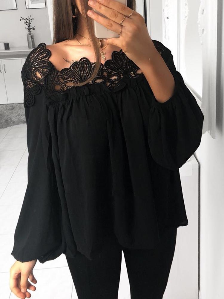 

Crochet Lace Splicing Off Shoulder Casual Blouse, Black