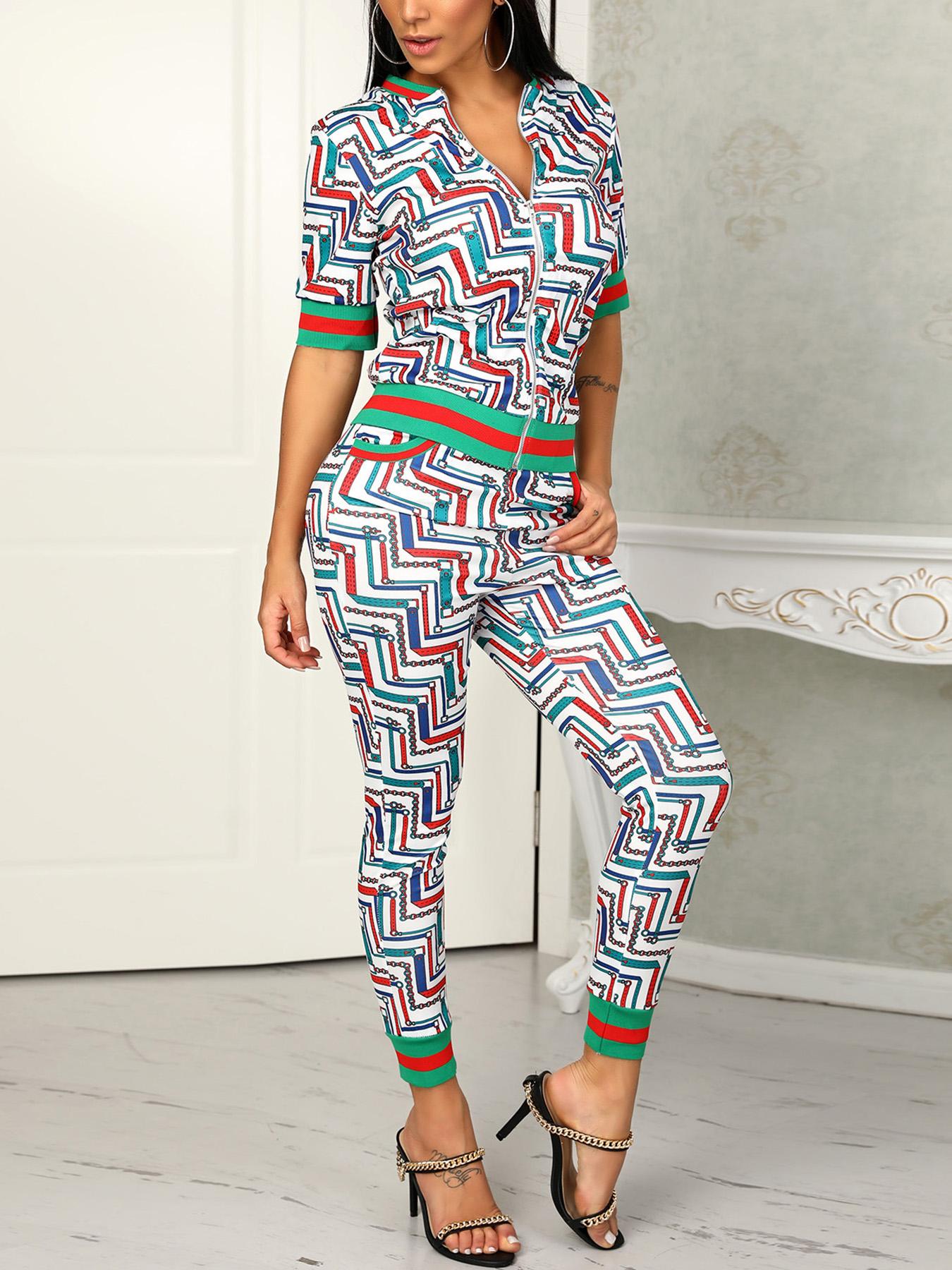 

Print Short Sleeve Zipper Up Jacket & Pants Set, Green