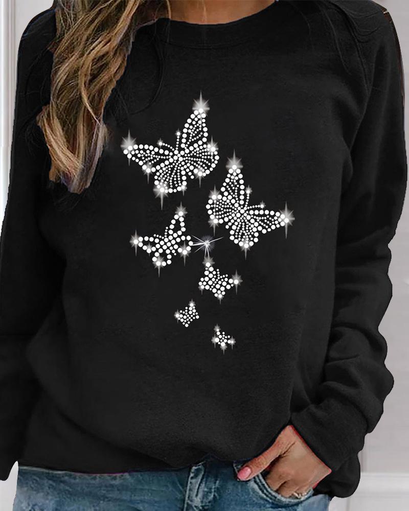 

Butterflies Rhinestone Print Long Sleeve Blouse, Black