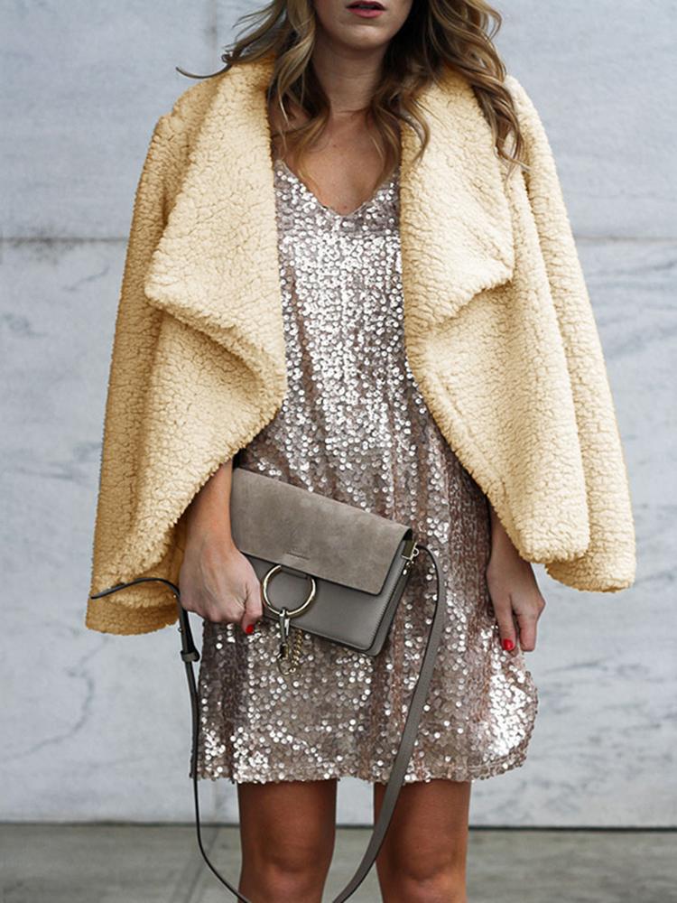 

Solid Fluffy Drape Collar Casual Coat