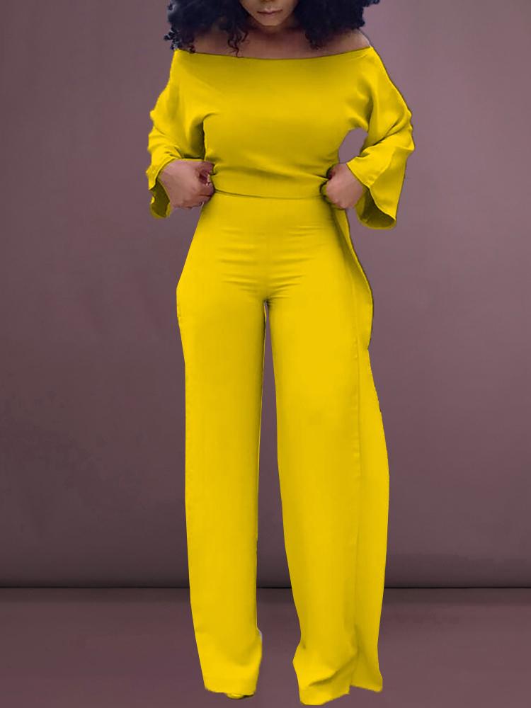 

Solid Off Shoulder Top & Ruffles Design Pant Sets