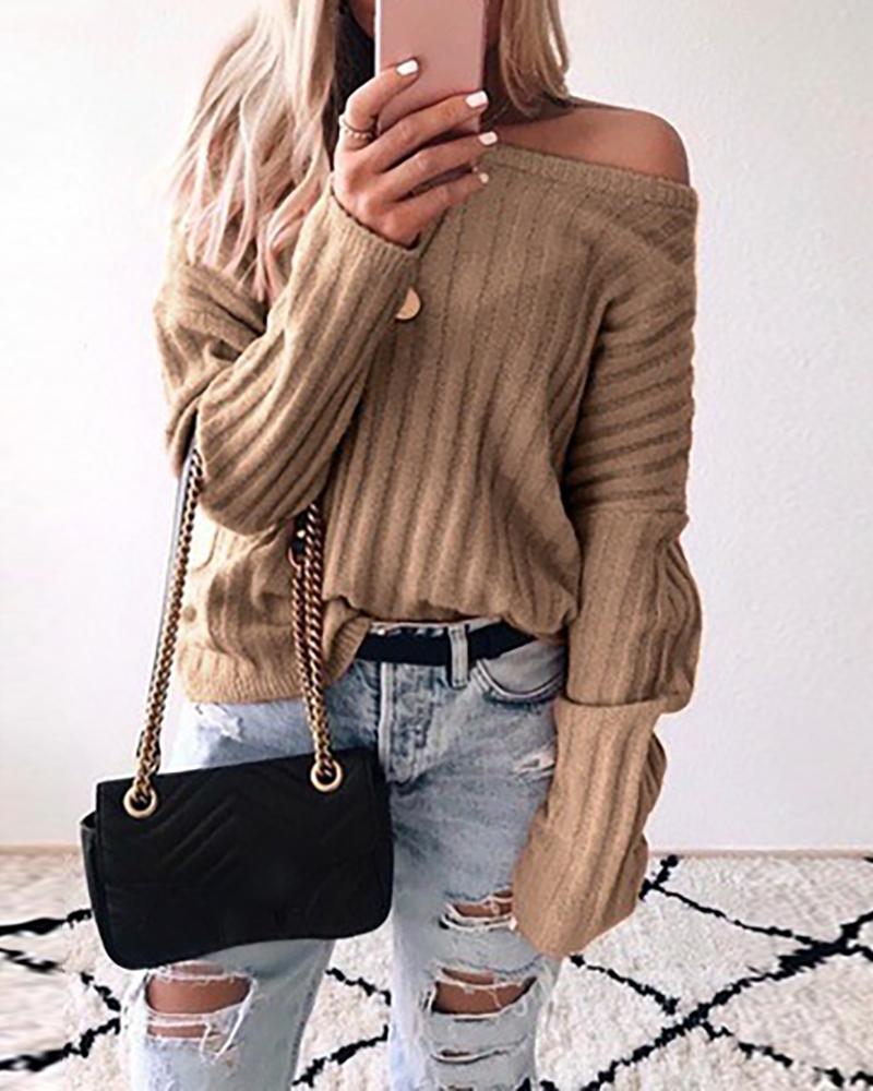 

Solid Long Sleeve Casual Sweater, Coffee