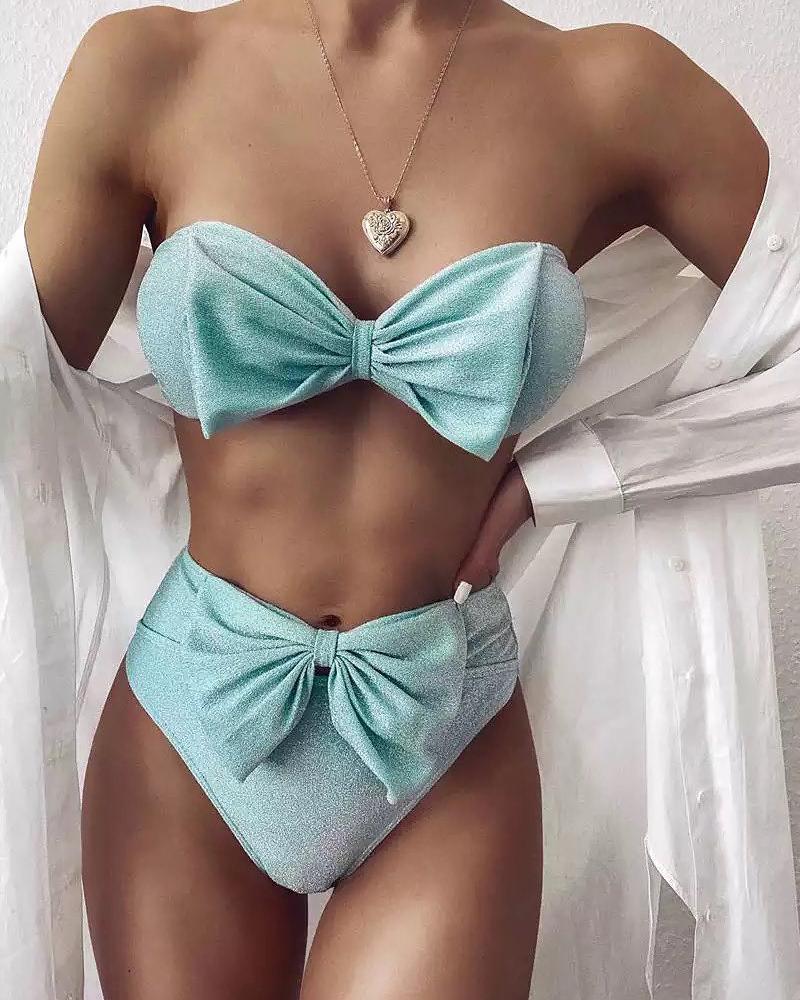 

Glitter Bowkont Design Bandeau Bikini Set, Green