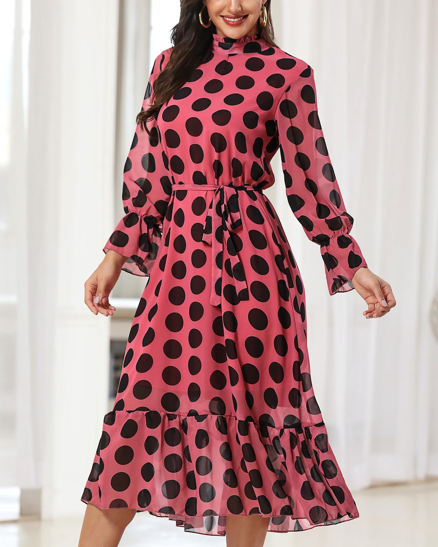 

Dot Print Ruffles Design Casual Dress, Pink