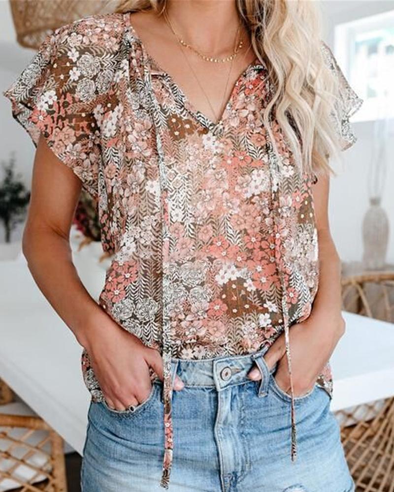 

Floral Print Ruffles Casual T-shirt, Pink