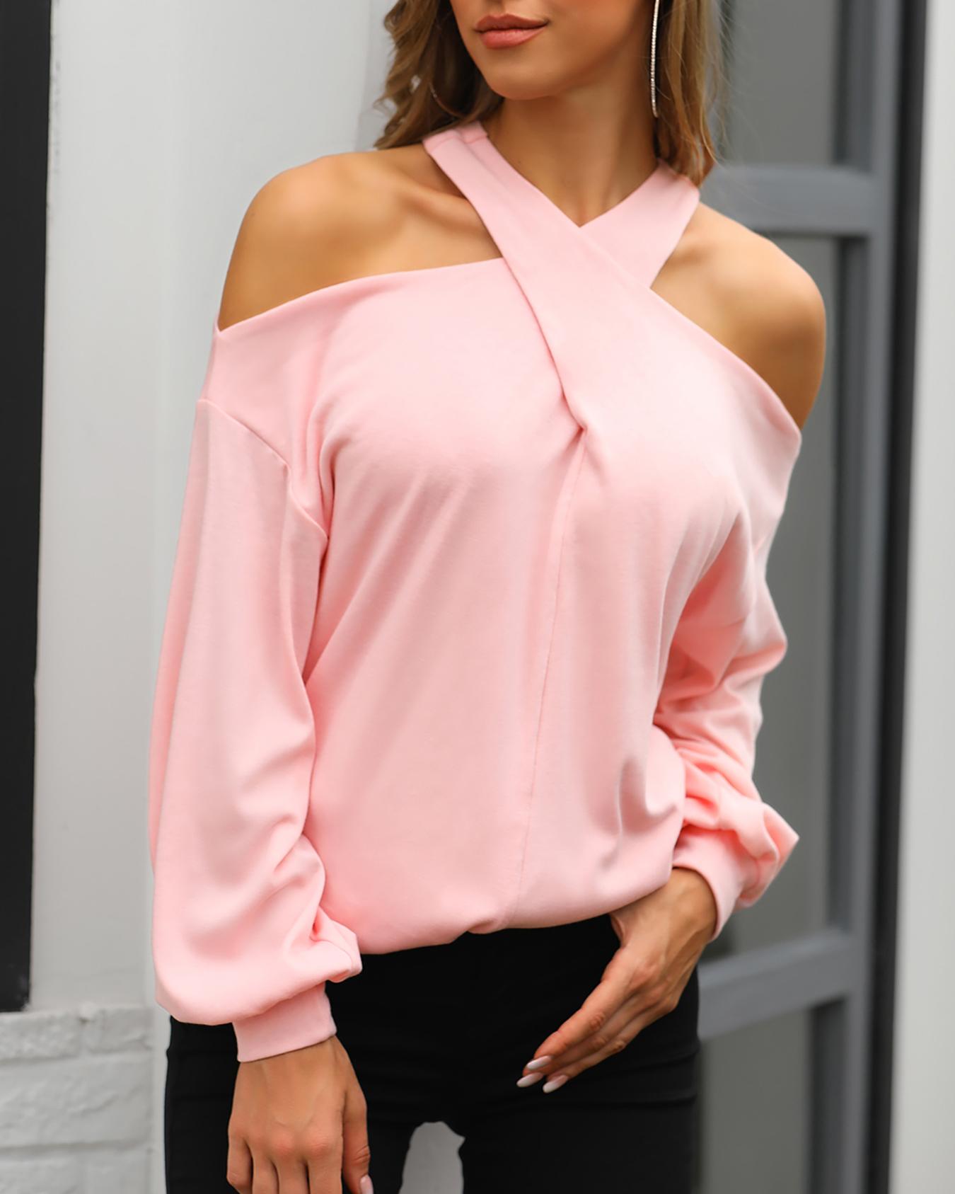 

Cold Shoulder Crisscross Halter Top, Apricot