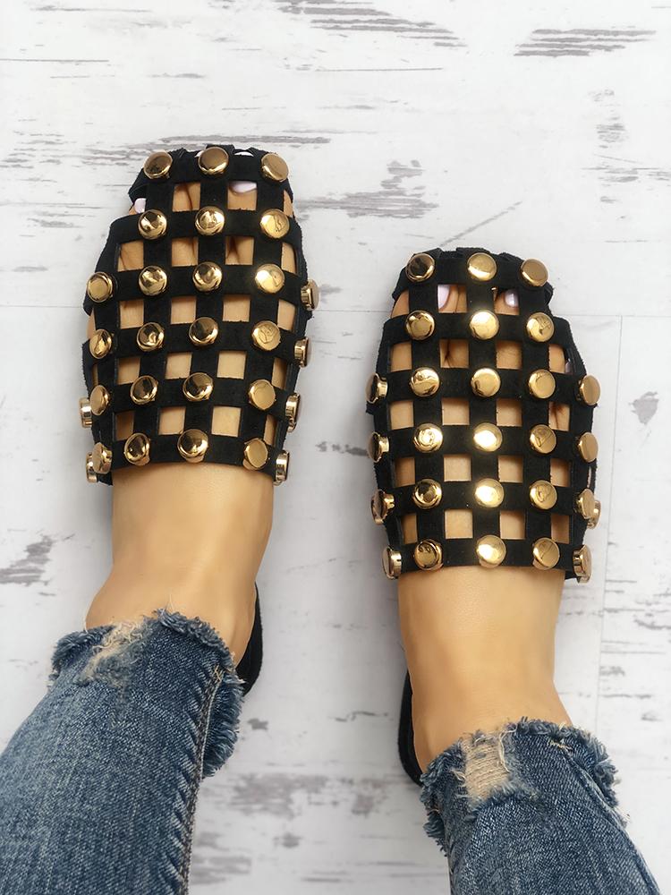 

Rivet Hollow Out Non-Slip Flat Sandals, Black