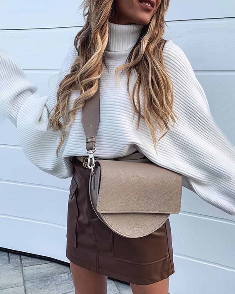 

High Neck Batwing Sleeve Ribbed Casual Sweater, White