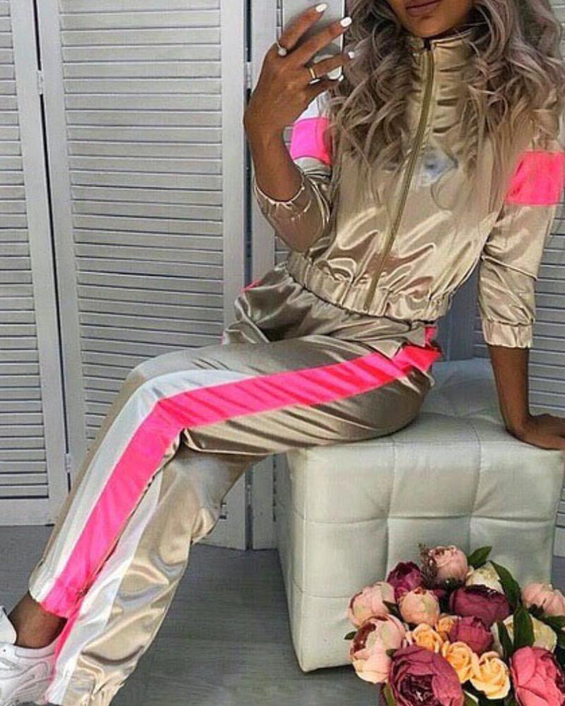 

Striped Tape Colorblock Zip Top & Pants Set, Apricot