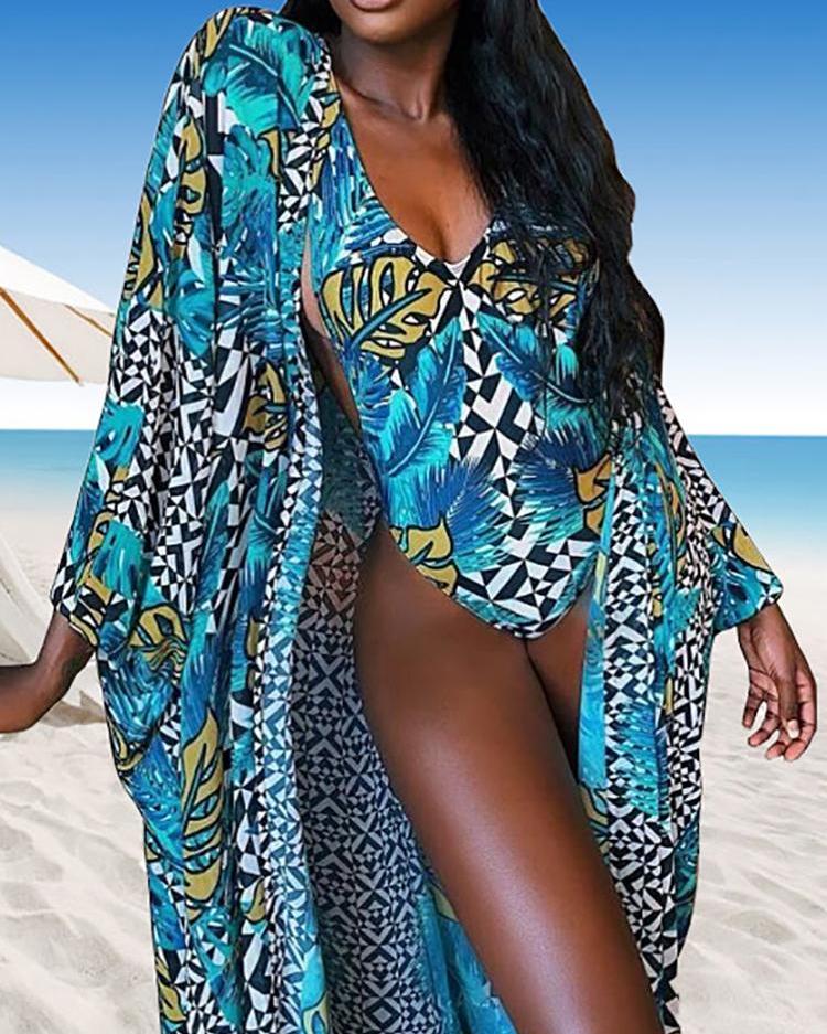 

Leaf Print One Piece Swimwear With Cover Up, Blue