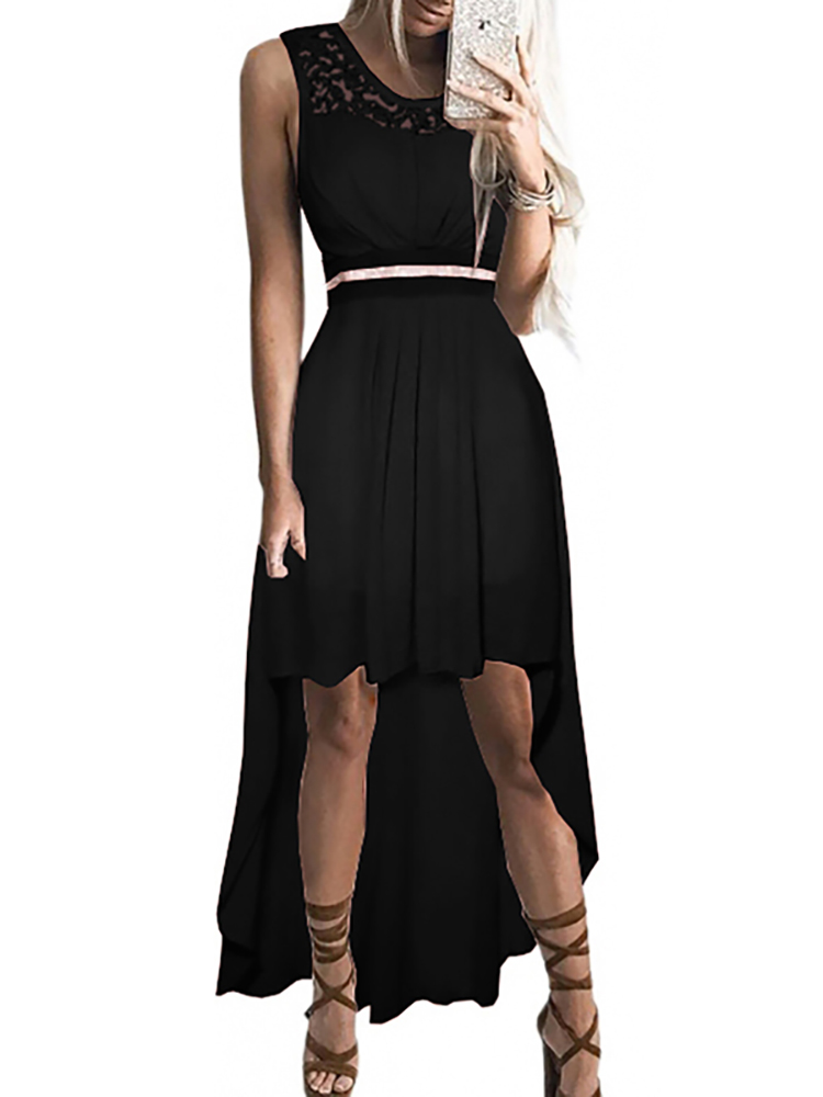 

Pleated High-low Hem Lace Patchwork Casual Dress, Pink;black