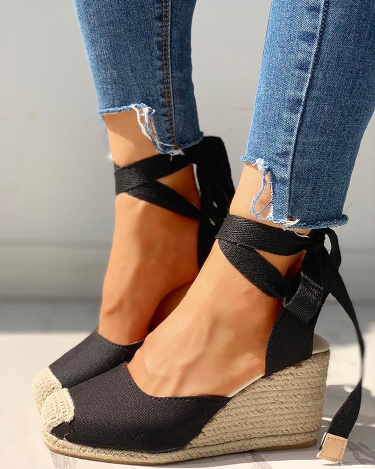 

Bandage Tied Back Espadrille Wedge Shoes, Black