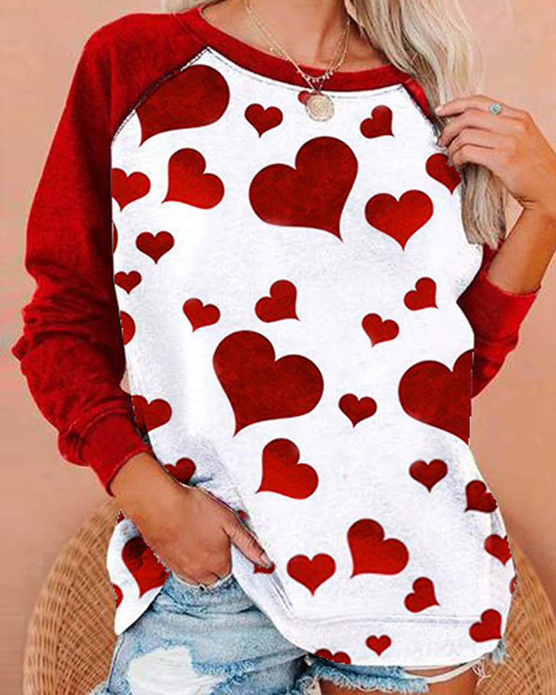 

Heart Print Colorblock Long Sleeve Top, Red