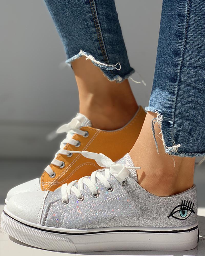 

Colorblock Eyes Pattern Eyelet Lace-Up Casual Sneakers, Yellow