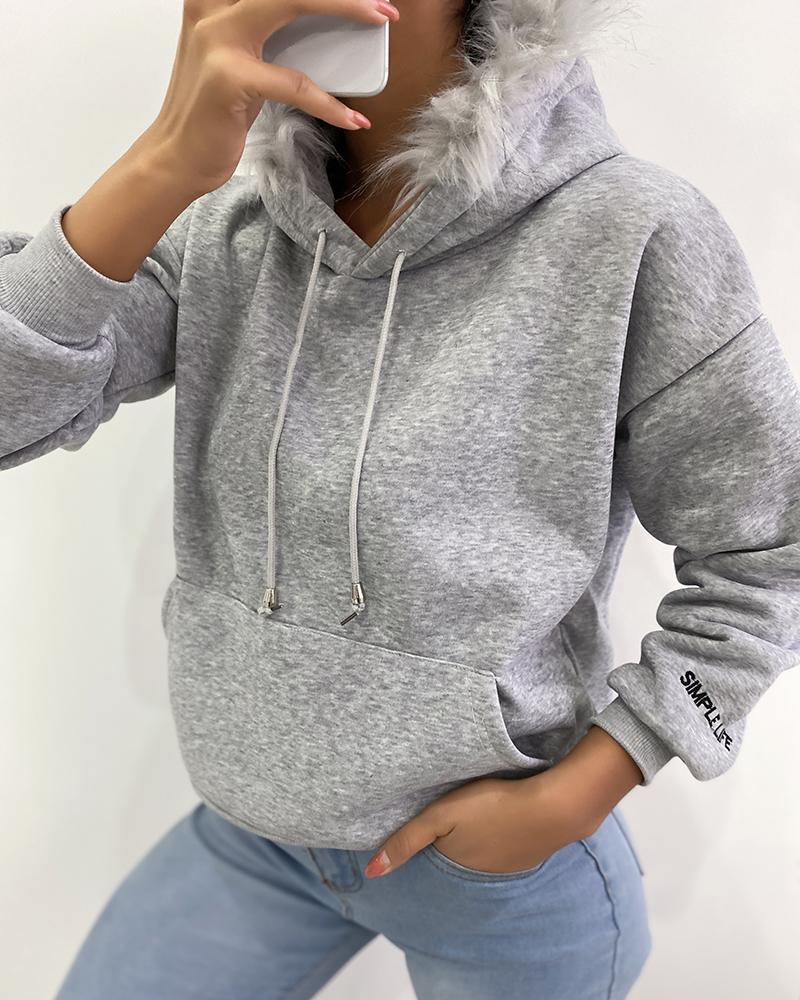 

Plain Pocket Design Fluffy Hooded Top, Gray