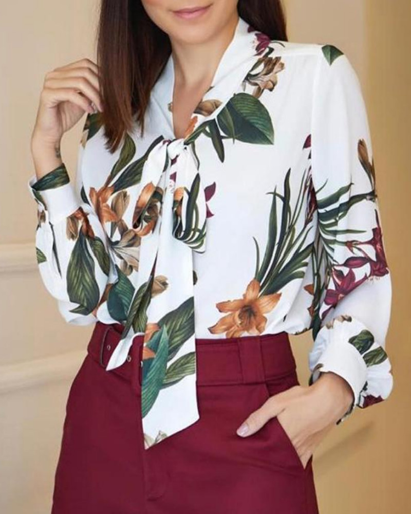 

Botanical Print Tied Neck Casual Shirt