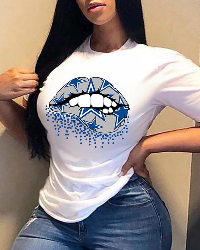

Lip Star Print Short Sleeve Casual T-shirt, White