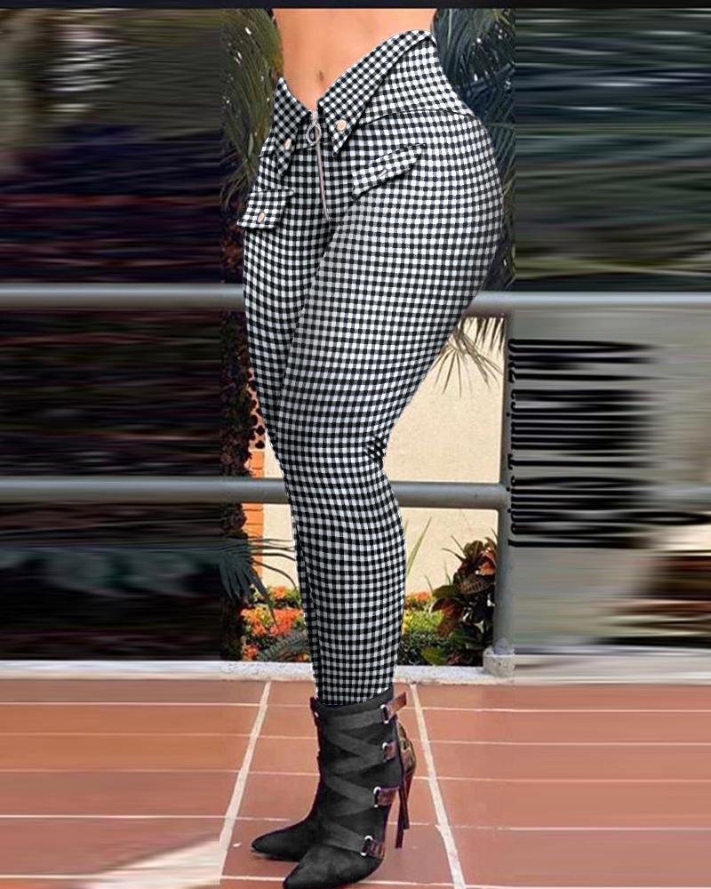 

Hounstooth Print Zipper Design Buttoned Casual Pants, Black