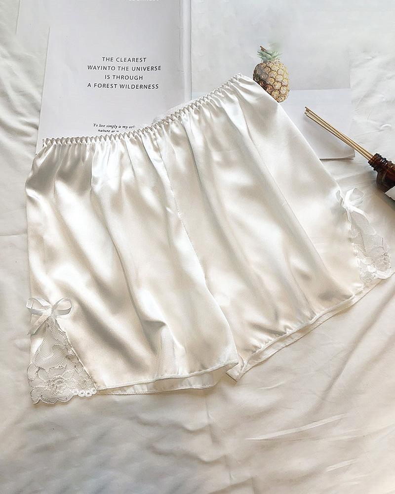 

Lace Trim Satin Shorts, White