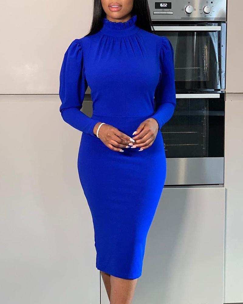 

Frill High Neck Puff Sleeve Bodycon Dress, Blue