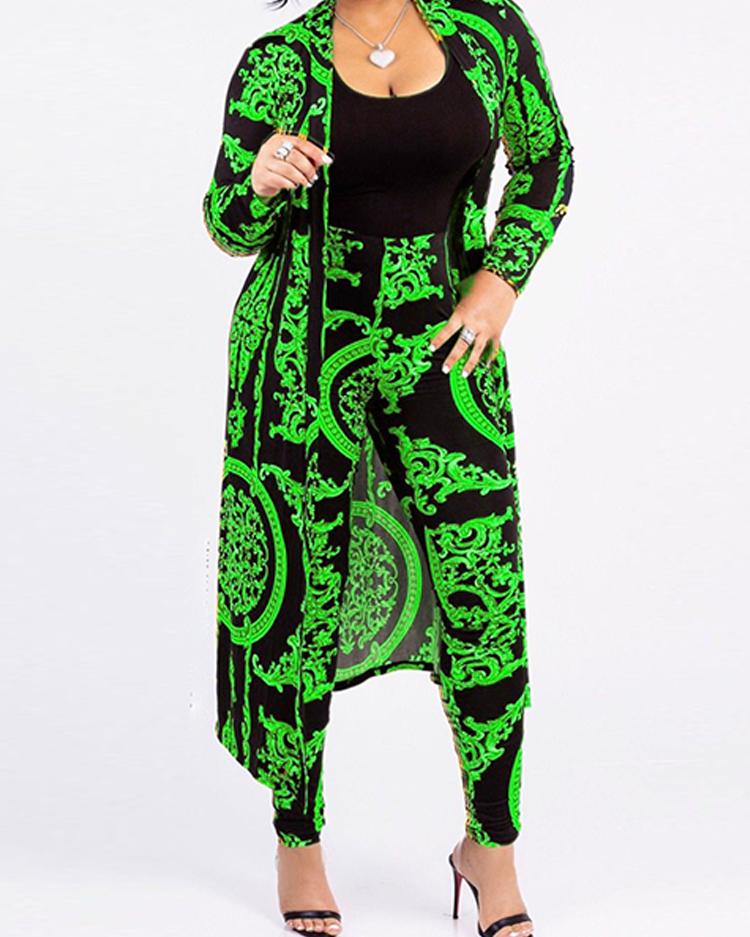 

Open Front Retro Print Cardigan & Pant Sets, Green