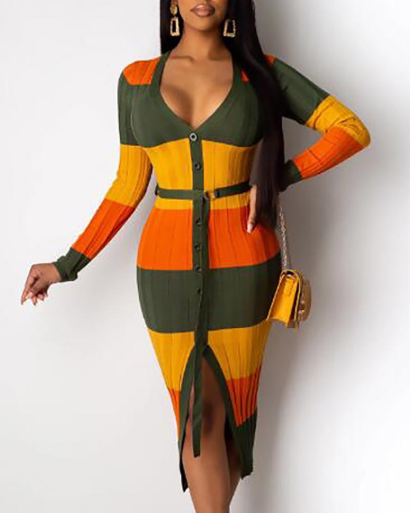 

Colorblock Plunge Long Sleeve Sweater Dress, Yellow