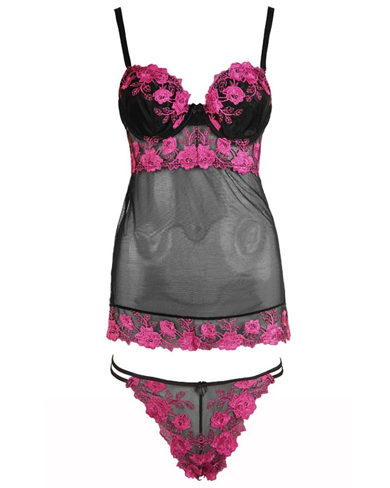 

Floral Pattern Lace Sheer Mesh Babydoll, Hot pink