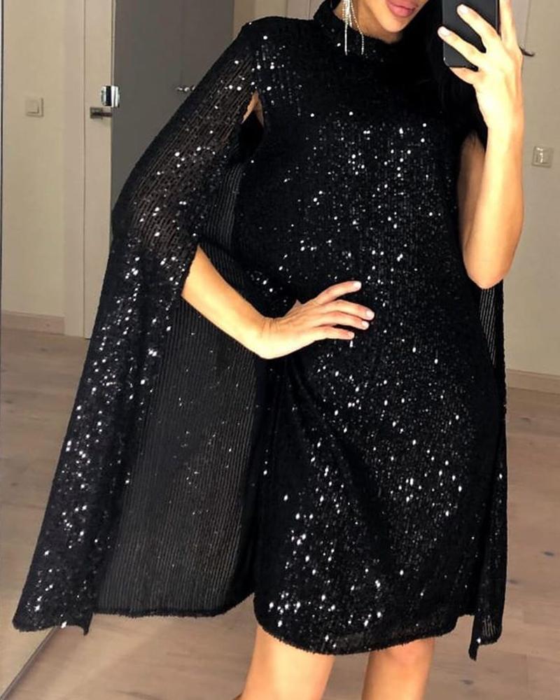 

Glitter Mock Neck Cape Design Sequins Dress, Black