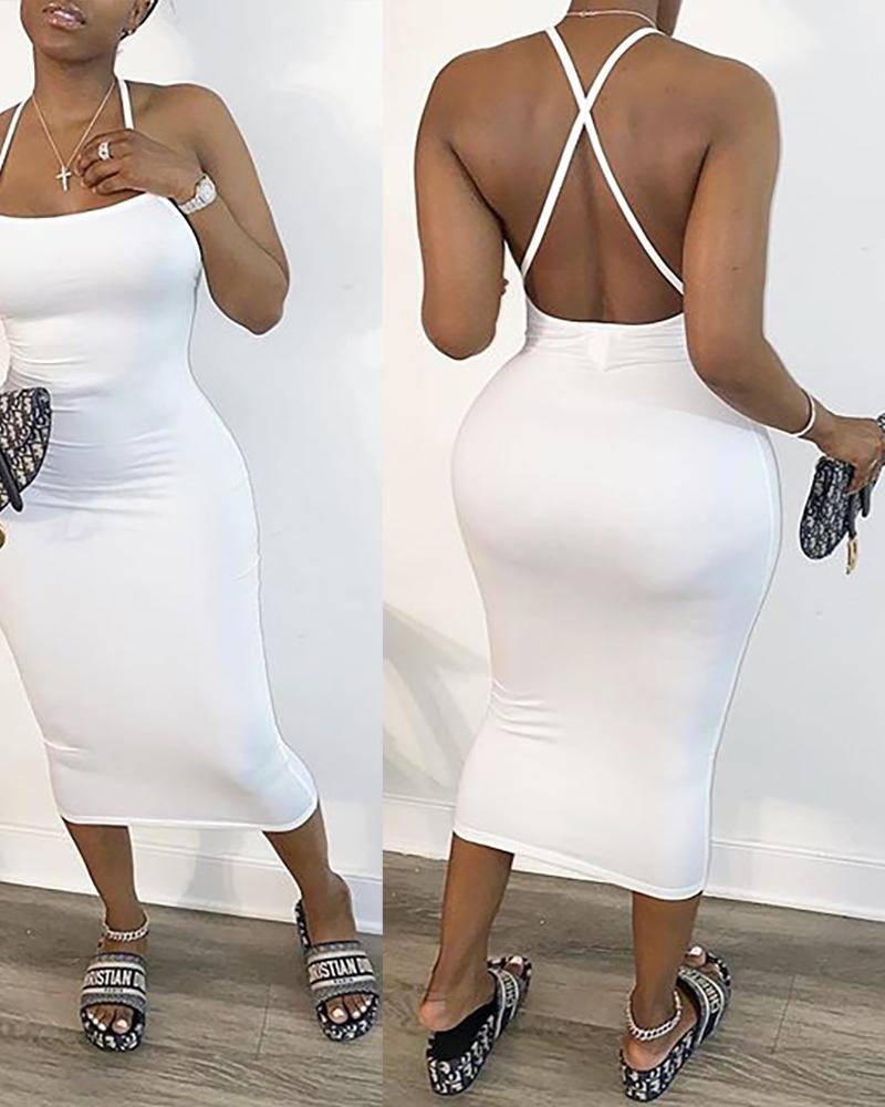 

Solid Halter Backless Midi Dress, White